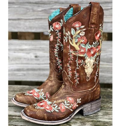 Embroidery Cow Boots For Women