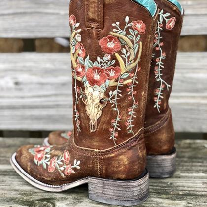 Embroidery Cow Boots For Women