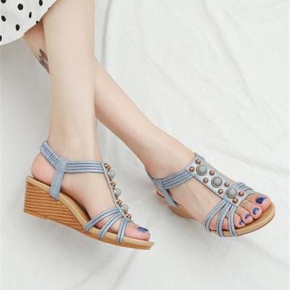 Gemstones Decor Blue Wedge Sandals
