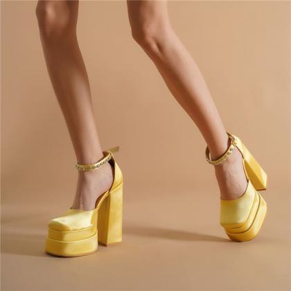 Yellow Prom Shoes Ankle Strap Platform Heels