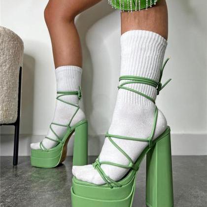 Green Black Prom Shoes Tie Leg Platform Sandals