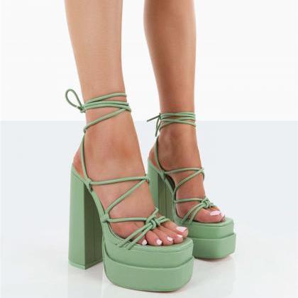 Green Black Prom Shoes Tie Leg Platform Sandals