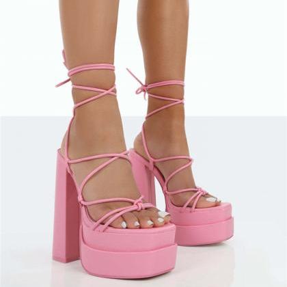 Pink Prom Shoes Tie Leg Platform Sandals