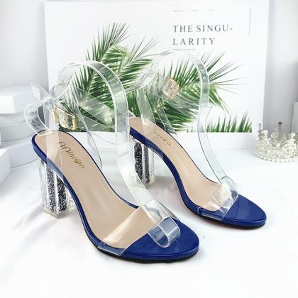 Blue Ankle Strap Chunky Heeled Sandals