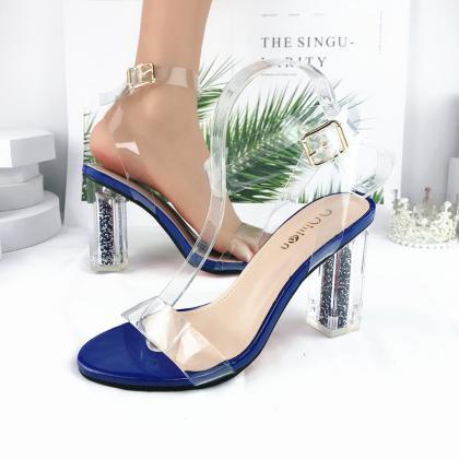 Blue Ankle Strap Chunky Heeled Sandals