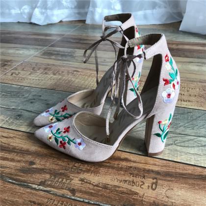Tie Ankle Strap Embroidered Sandals