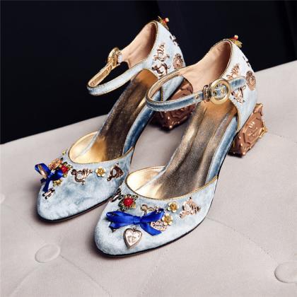 Blue Velvet Face Ankle Strap Women Shoes For..