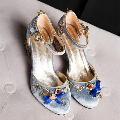 Blue Velvet Face Ankle Strap Women Shoes For..