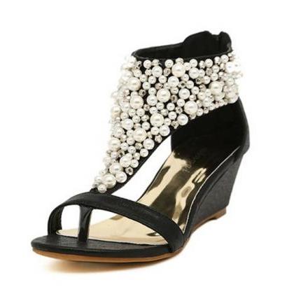 Pearls Decor Anklet Strap Black Sandals