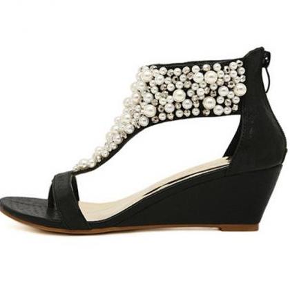 Pearls Decor Anklet Strap Black Sandals