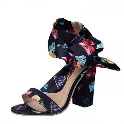 Scarf Decor Chunky Heeled Sandals Women Shoes
