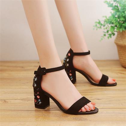 Embroidered Ankle Strap Sandals