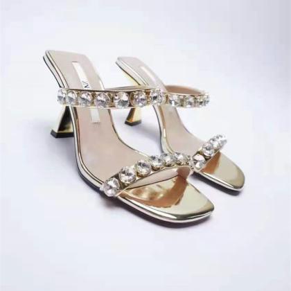 Crystals Decor Gold Sandals Heels