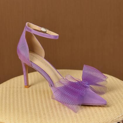 Bow Decor Ankle Staps Lavender Prom Shoes Women