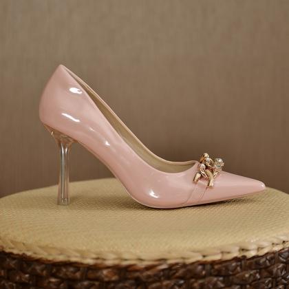 Chain Decor Point Toe Nude Pink Pumps