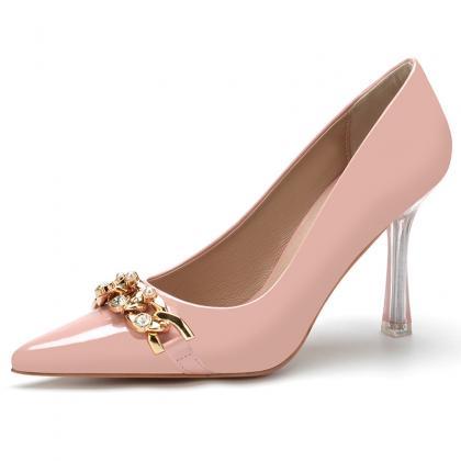 Chain Decor Point Toe Nude Pink Pumps