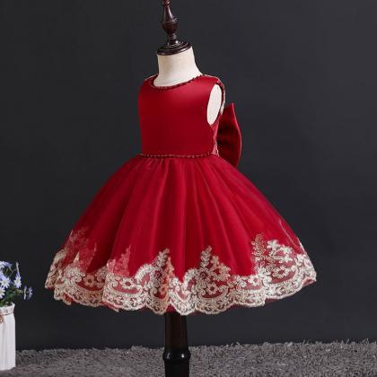 Red Girl Dress With Appliques Trim
