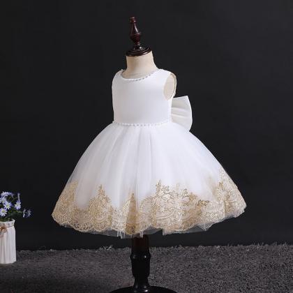 White Girl Dress With Appliques Trim