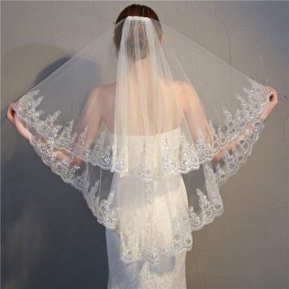 Squin Appliques Decor Double Layered Bridal Veil