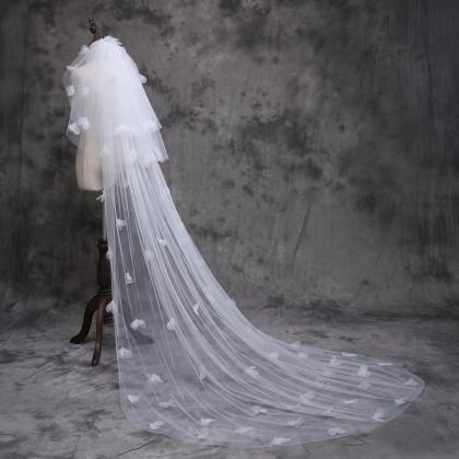 Floor Length Long Bridal Veil With Petals Decor