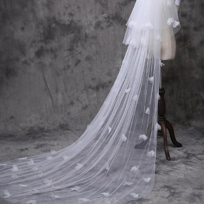 Floor Length Long Bridal Veil With Petals Decor