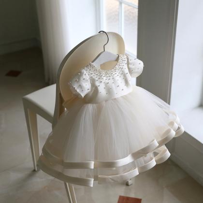 Pearl Decor Short Sleeves Ivory Flower Girl Dress
