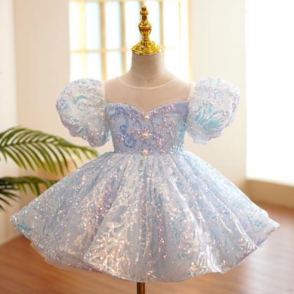 Puffed Sleeves Sparkle Blue Girl Dress