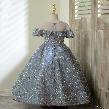 Sheer Neck Sequin Sparkle Girl Dress
