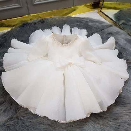 Pearls Decor Half Sleeves Flower Girl Dress