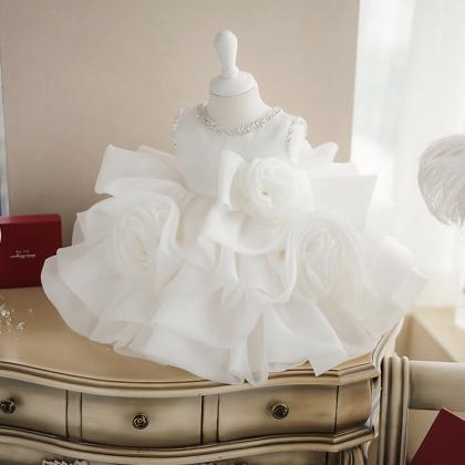 Rosette Ruffled White Toddler Girl Dress Birthday..