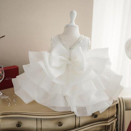 Rosette Ruffled White Toddler Girl Dress Birthday..