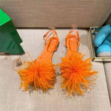 Feather Decor Orange Women Flats Shoes