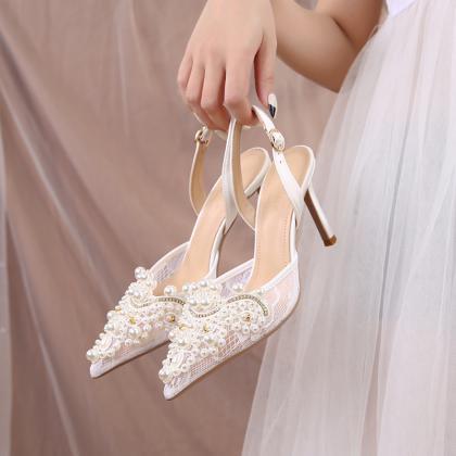 Pearls Decor Slingback Women Wedding Shoes Heels