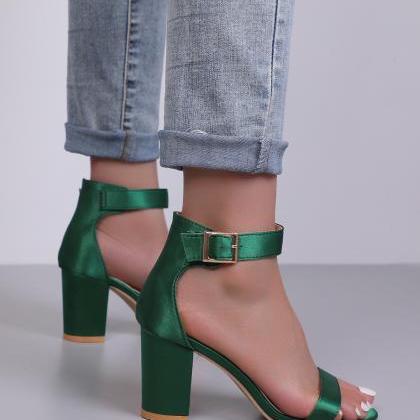 Chunky Heeled Ankle Strap Green Sandals Women..