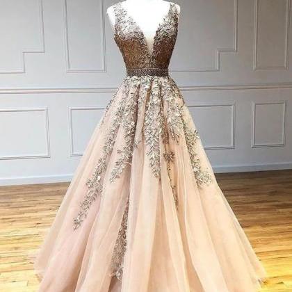 A-line V Neck Long Prom Dress