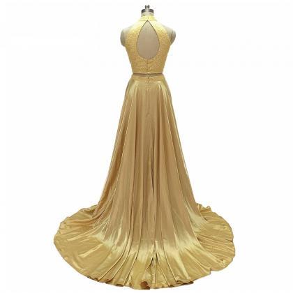 Gold Two Pieces Prom Dress With Rhonestoned Top