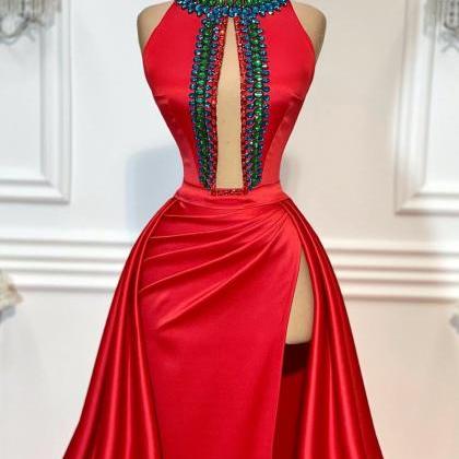 High Neck Red Pageant Dresses Long Evening Gowns