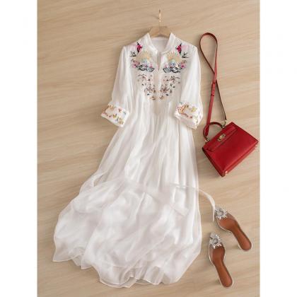 Embroidery White Chiffon Long Dress