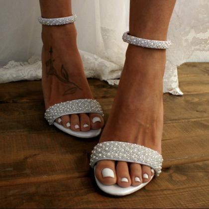 Pearls Decor Ankle Straps White Women Sandals