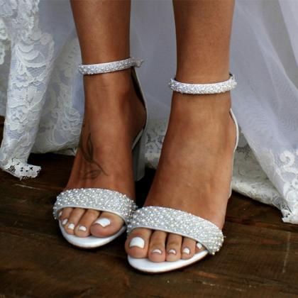 Pearls Decor Ankle Straps White Women Sandals