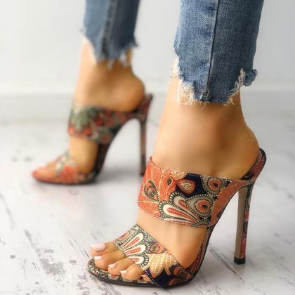 Double Band Peacock Feather Print Stiletto Heels