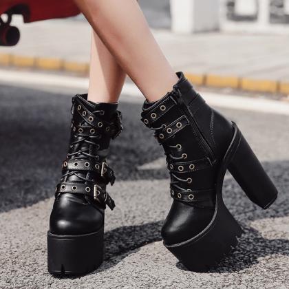 Platform Black Ankle Boots Women Winter Shoes