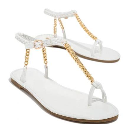 T Strap White Flat Sandals Women Summer Shoes