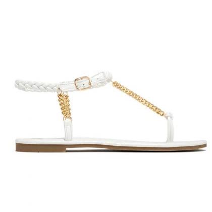 T Strap White Flat Sandals Women Summer Shoes