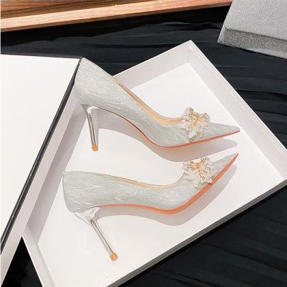 Silver Stiletto Heels Wedding Shoes Formal..