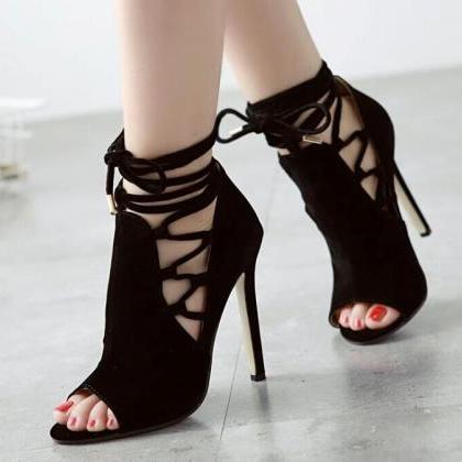 Open Toe Black Suede Stiletto Sandals
