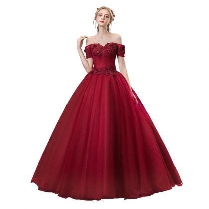 Off Shoulder Dark Red Ball Gown Evening Dresses..