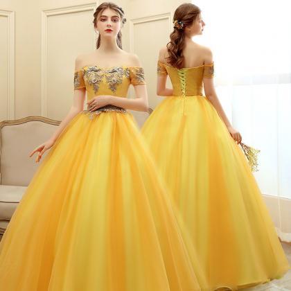 Off Shoulder Yellow Ball Gown Evening Dresses..