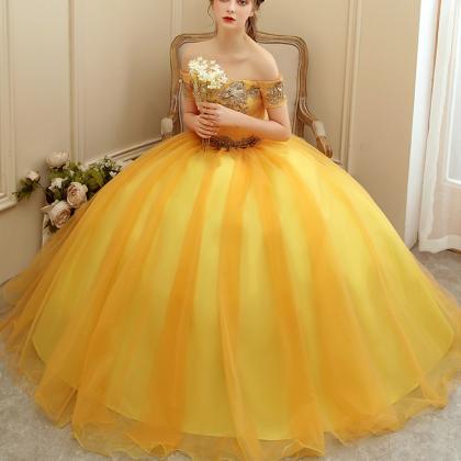Off Shoulder Yellow Ball Gown Evening Dresses..