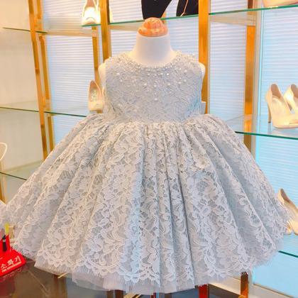 Grey Lace Girl Dress With Beads Decor